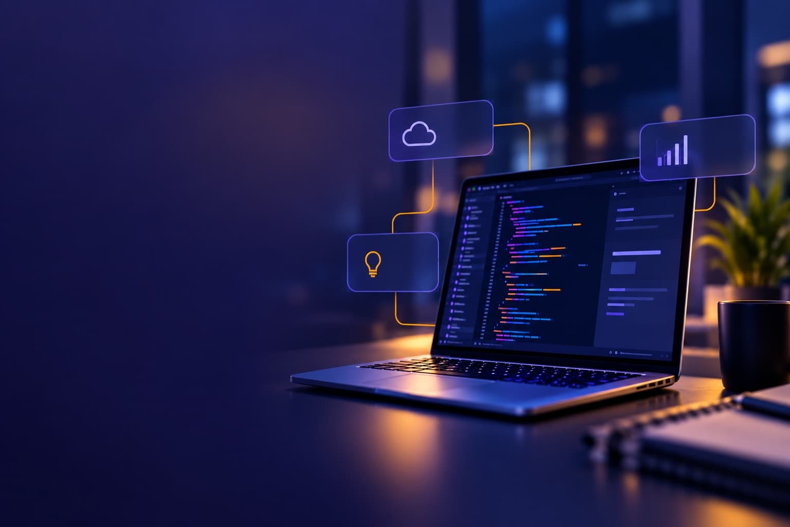 Laptop showing code beside floating cloud, analytics and idea icons, representing custom software