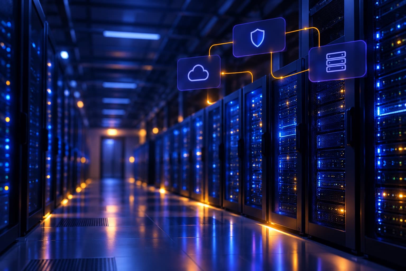 Server racks with blue lighting, representing cloud infrastructure