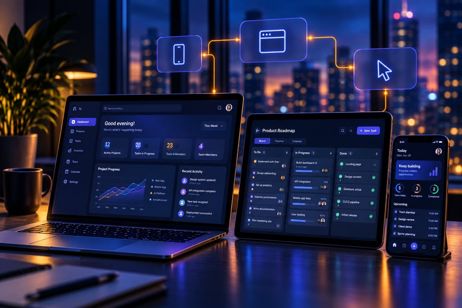 Phone, tablet and laptop showing app interfaces, representing web and mobile development