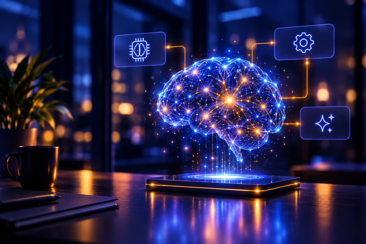 Glowing neural network, representing AI and automation