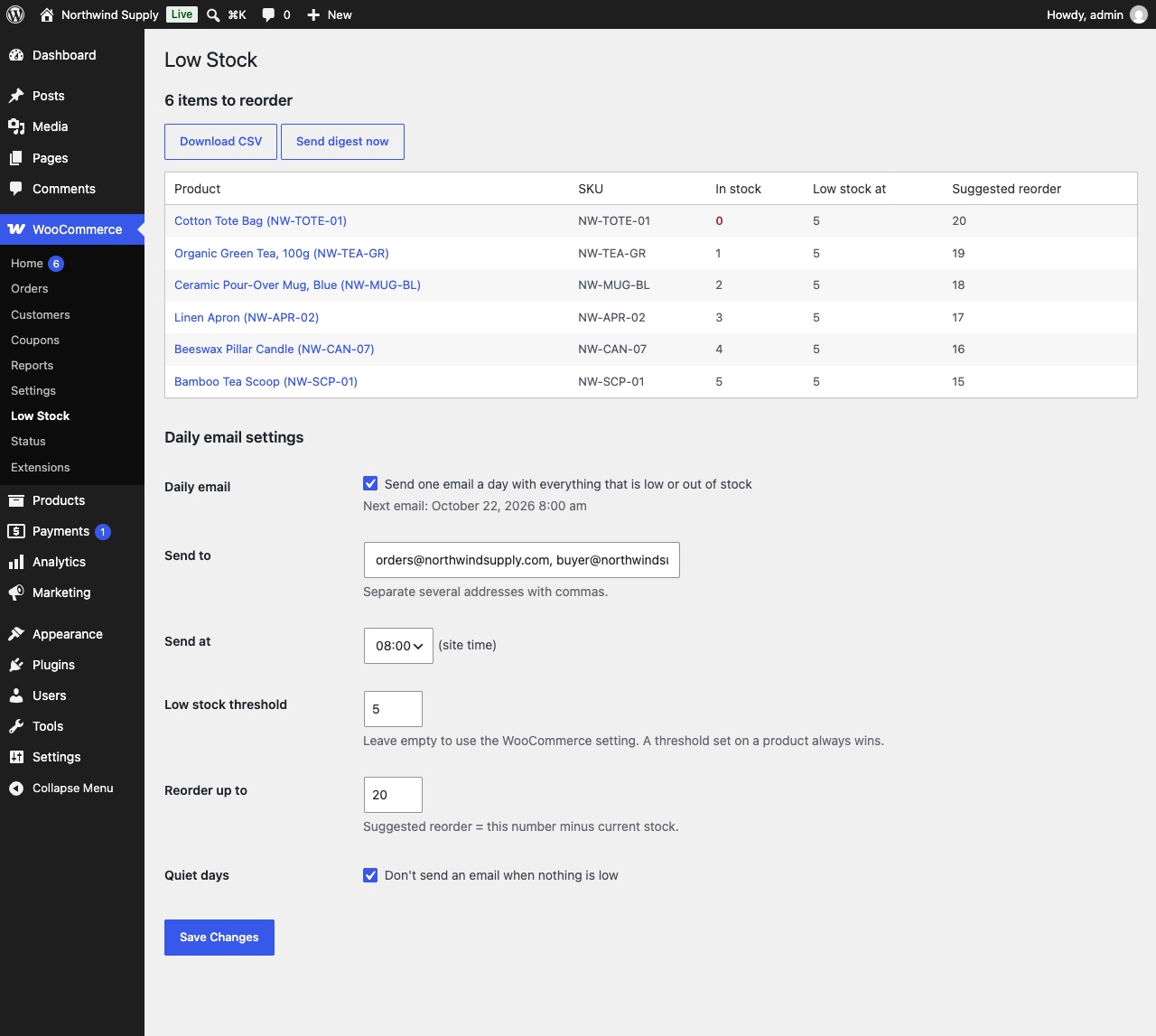 Reorder list with stock levels and suggested reorder quantities